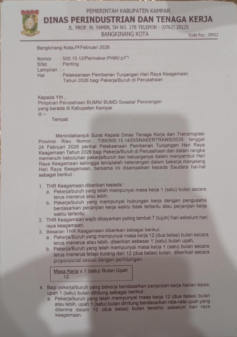 Disperinaker Kampar Ingatkan Perusahaan Bayar THR 2026 Tepat Waktu, Paling Lambat H-7 Lebaran