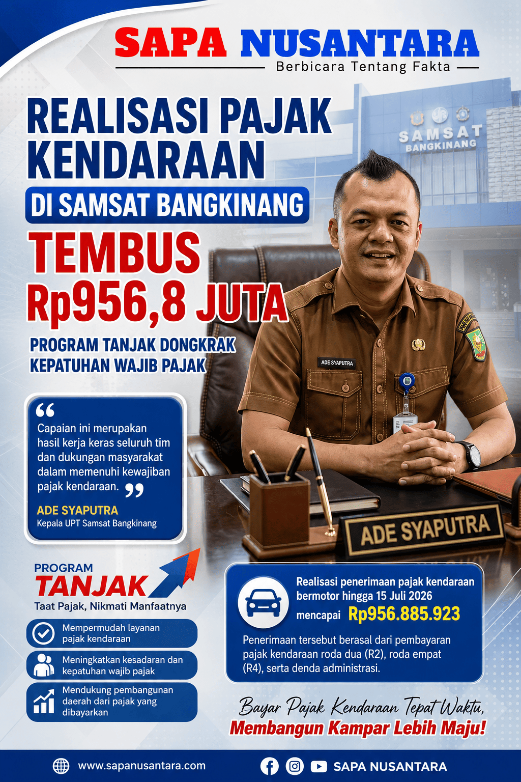 Realisasi Pajak Kendaraan di Samsat Bangkinang Tembus Rp956,8 Juta, Program TANJAK Dongkrak Kepatuhan Wajib Pajak