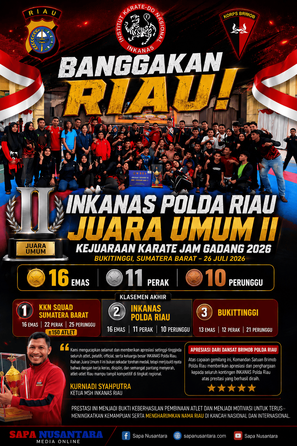 Banggakan Riau! INKANAS Polda Riau Juara Umum II Kejuaraan Karate Jam Gadang 2026