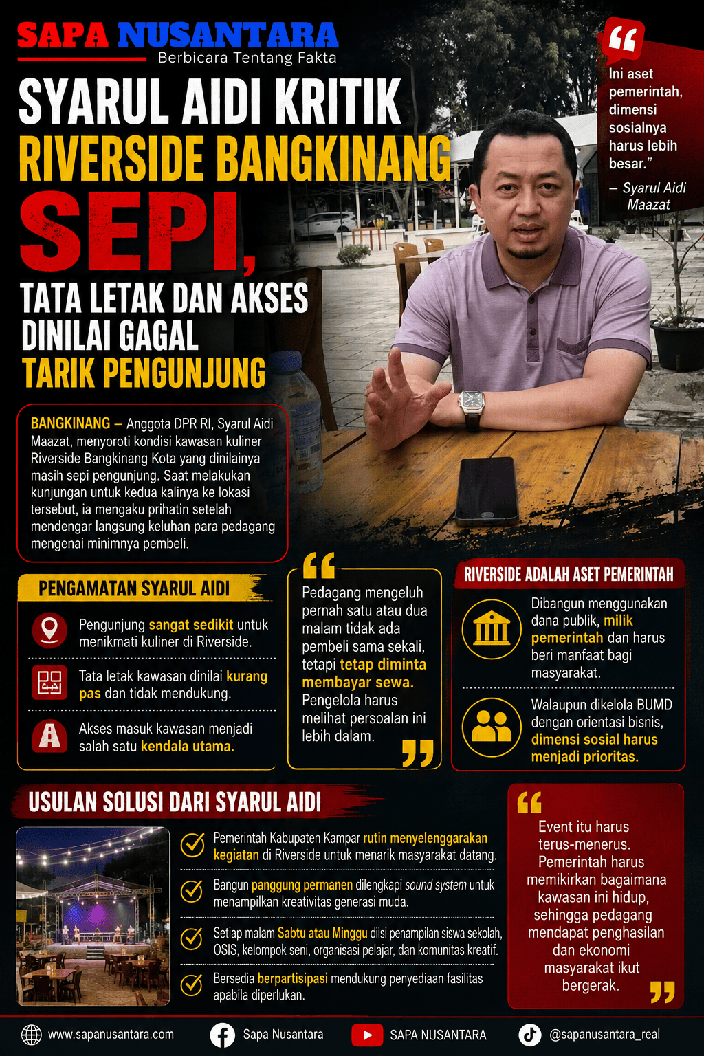 Syarul Aidi Kritik Riverside Bangkinang Sepi, Tata Letak dan Akses Dinilai Gagal Tarik Pengunjung