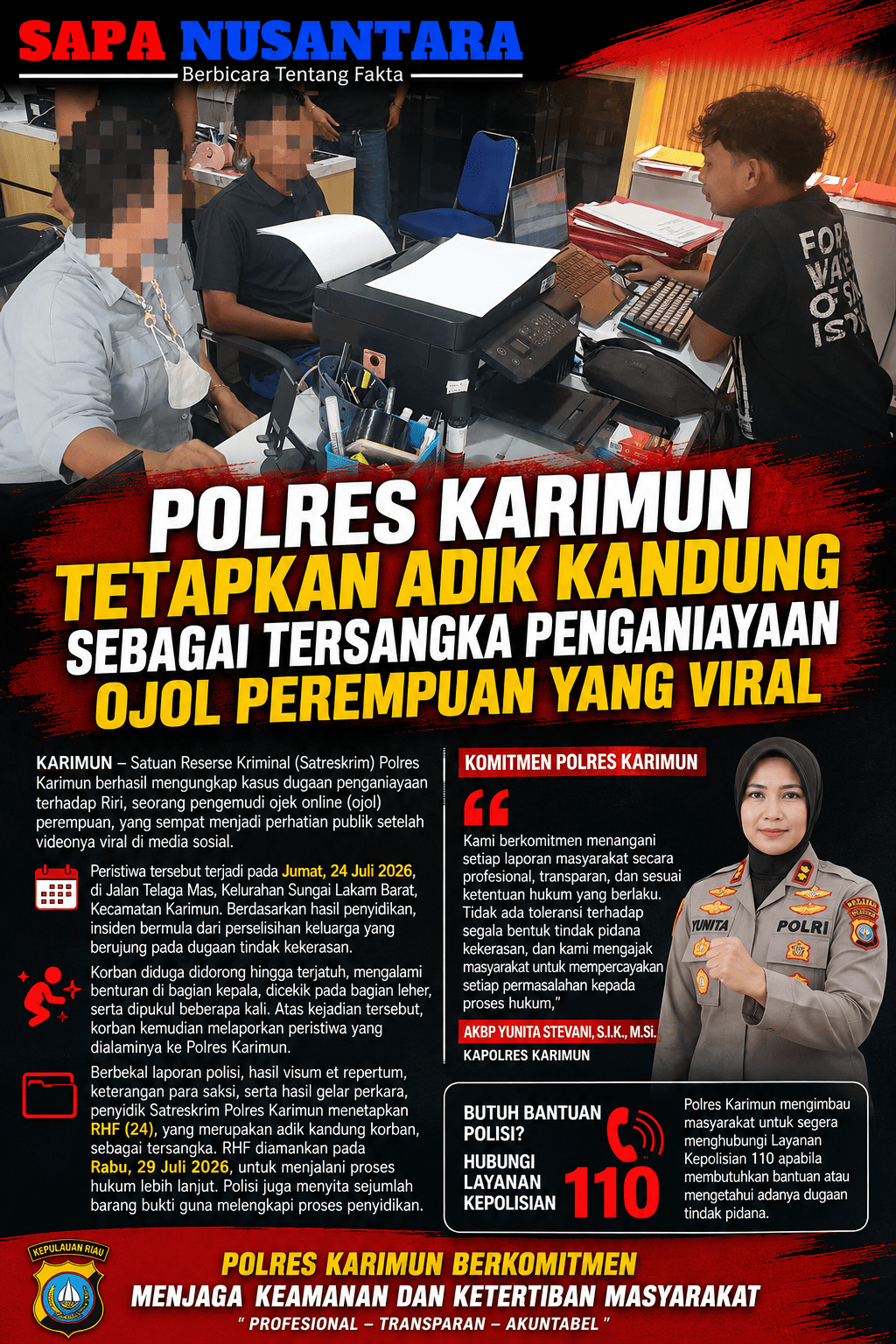 Polres Karimun Tetapkan Adik Kandung sebagai Tersangka Penganiayaan Ojol Perempuan yang Viral